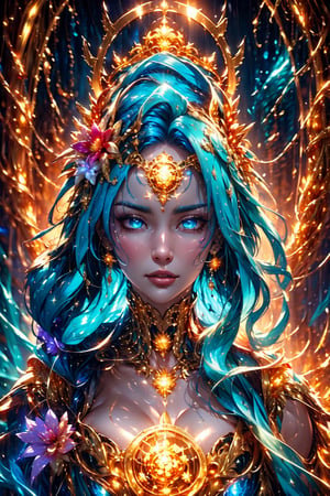busty and sexy girl, 8k, masterpiece, ultra-realistic, best quality, high resolution, high definition,  The image portrays a person with striking flowing sky blue hair adorned  intricate jewelry. The overall aesthetic suggests a blend of regal elegance and fantasy,gem,beaded flower decoration,glowing forehead