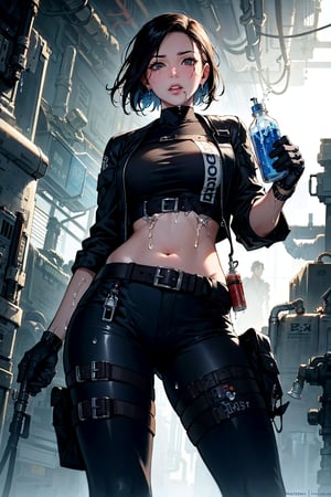 ((Masterpiece, best quality, highres)), Animescreencap, close up, 1girl ,a (((fully clothed))) biomechanical __cowgirl, mechanic cowgirl boots,  (((Biopunk outfit with fluids running through tubes))), feminine, (((((holding a mechanic Colt))))), ((gunbelt)), colt peacemaker pistol in right hand, clean shaven, slander, confident, sole focus, square chin, cowboy shot, contrapposto, masterpiece, award-winning photography, macro photography vivid colors, photorealistic, atmospheric, cinematic, moody, rule of thirds, majestic, detailed, sharp details,sharp focus, perfect anatomy, aesthetic, cyberpunk