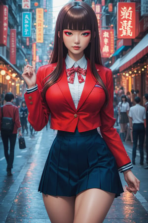 score_9, score_8_up, score_7_up, score_6_up, beautiful japanese girl, 18 year old, long brown hair, blunt bangs, makeup, school uniform, mini skirt, open jacket, red jacket, large breasts, narrow waist, large hip, street, detailed background, highly detailed, vibrant colors, cowboy shot