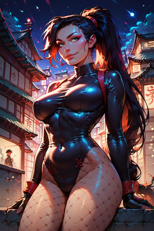 score_9, score_8_up, score_7_up, 1girl, Japanese woman, dark hair, very long ponytail. ninja outfit, bodysuit. Gauntlets, Fishnet pantyhose. In dark city, on rooftop. Perky breasts. looking at viewers.

N1cp1k, night.
