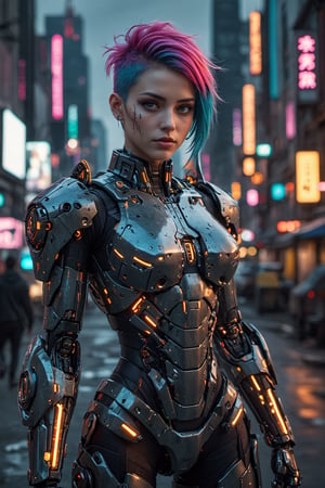 1girl, solo, cyberpunk Armor suit, undercut hair, multicolored neon hair, large hazel eyes, full lips, robotic body, mechanical arms, robot skin, android, parted lips, outcropping, futuristic city, dark sci-fi, volumetric lighting, cinematic, vibrant, highly detailed, looking at camera 