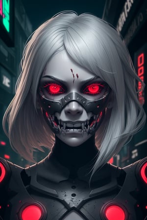A portrait of a cybernetic demon woman, a mask, cinematic, (gorgeous and detailed face), detailed skin, detailed ashen maiden with ((silver hair)), pale white skin, detailed dark eyes, inspiration, dark red colors, intricate detailing, surrealism, enigmatic grin, dressed in complex chaotic neon cyberpunk armor, glowing neon eyes, detailed eyes, cyberpunk landscape, red energy particles on hands, gruesome, teeth, mouth, frightening, deformation,(Masterpiece:0.4) (best quality:0.6) (high quality:1),