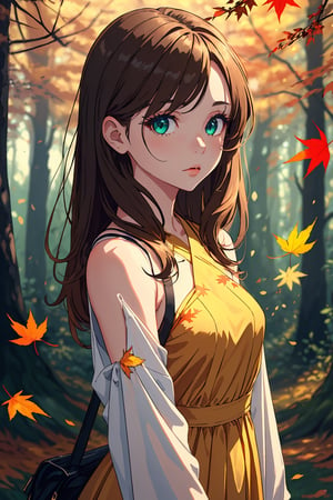 (best quality, masterpiece), 1girl, looking at viewer, blurry background, blue ans Green eyes, inner Iris Green, outer Iris blue, upper body, contemporary, yellow Dress, light Brown Hair, autumn forest with falling leaves in the Background, 