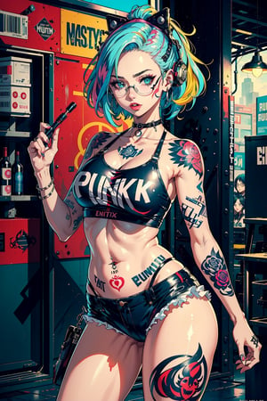 (masterpiece, top quality, best quality, official art, beautiful and aesthetic:1.2), (punk girl:1.3), extreme detailed, colorful, highest detailed, (tattoo:1.3), optical mixing, playful patterns, lively texture, rich colors, unique visual effect, vibrant, highres