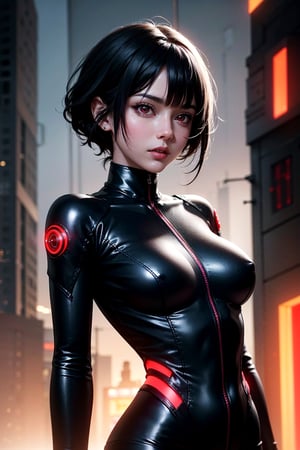 masterpiece,  red eyes,  light (red light:1.3),  1girl,  beautiful face,  skindentation,  detailed black hair,  pixie hair,  glowing light,  futuristic, mecha bodysuit,  upper body,  skinny waist,  large hip, cyberpunk background