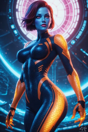 score_9, score_8_up, score_7_up, score_6_up, score_5_up, score_4_up, beautiful alien girl, blue skin, short hair, cinematic pose, spaceship, sci-fi, detailed background, sharp focus, aesthetic bodysuit, glowing veins, highly detailed, vibrant colors, 8k, cowboy shot