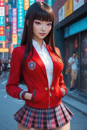 score_9, score_8_up, score_7_up, score_6_up, beautiful asian girl, 18 year old, long brown hair, blunt bangs, makeup, school uniform, mini skirt, open jacket, red jacket, large perky breasts, narrow waist, huge hip, street, detailed background, highly detailed, vibrant colors, cowboy shot