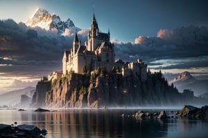 a multi-coloured coalescence in a special light and brightly cloudy spirit, undulating and hyper-detailed and realistic ripples of hyper-detailed and defined energy, 16k, unreal engine, sharp focus, mountains, castle 