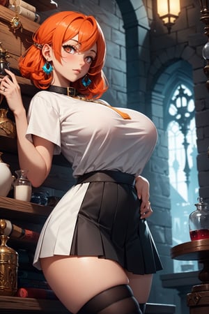 (masterpiece), 
1girl, solo, 
huge breasts, huge ass, thick thighs, wide hips, 
white t-shirt, collar, thighhighs, black thighhighs, skirt, (pleated skirt:1.1), orange hair, blue hair, medium hair, orange eyes, multicolored eyes, indoors, castle, dungeon, alchemist room, magic, potion stands,