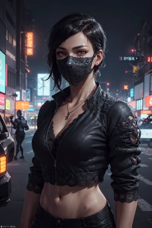 (octane render, best quality, sharp focus, 8k, 4k:1.3), Masterpiece, Best Quality, ((skin texture, realistic skin, extremely detailed, intricate, hyper detailed:1.3)), portrait, sharp detailed, beautiful woman, athletic body, short black hair, colour highlights, bangs((sub zero mask)), ((lace, cropped black jacket)), silver necklace, cyberpunk city at night, (solo)
