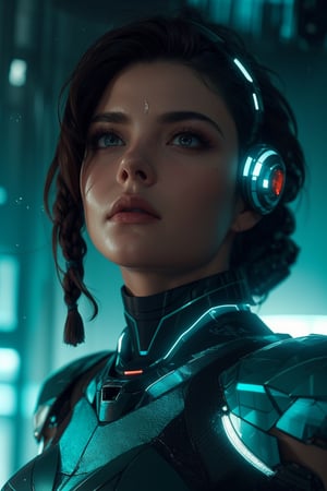 best quality,masterpiece, 1girl, adult  woman, teal eyes, dark brown braided hairstyle, ombre, solo, from front, front view, (full body:0.6), looking up, detailed background, detailed face, (scifi, atlantistech theme:1.1), intense expression, glass-cyborg, (made of glass:1.1), glass construct, fighter, crystal armor, dirty glass, mechanical, reflections, crater in background, cinematic atmosphere