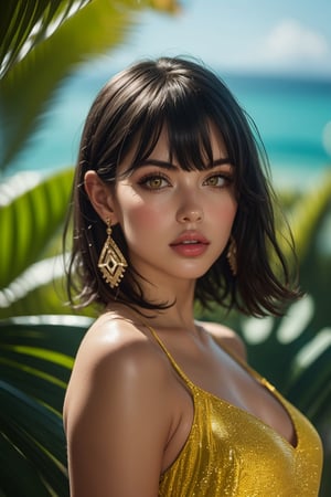1girl, Italian woman, solo, looking at viewer, tanned skin, (braids:0.3), bangs, fancy dress, chromatic dress, jewelry, yellow eyes, upper body, earrings, parted lips, magentha hair, shiny, pink lips, eyelashes, skin tight, magic ray, sunlight , tropical island background