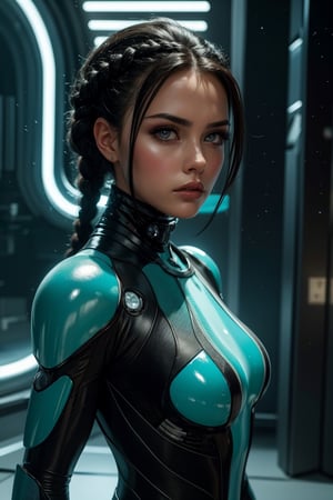 best quality,masterpiece, 1girl, adult  woman, teal eyes, dark brown braided hairstyle, ombre, solo, from front, front view, (full body:0.6), looking at camera, detailed background, detailed face, (scifi, atlantistech theme:1.1), intense expression, glass-cyborg, (made of glass:1.1), glass construct, fighter, crystal armor, dirty glass, mechanical, reflections, crater in background, cinematic atmosphere