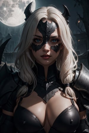 A sultry warrior with white wavy hair, her hypnotic eyes piercing through the darkness, her black armor glistening in the moonlight, her lips so kissable yet deadly, a black dragon looming behind her, ready to strike.
