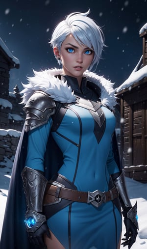 1girl, cowboy shot, wowdk, glowing blue eyes, skull armor, fur trim, pauldrons, torn cape, short white hair, blue fire, snow, ice, night, citadel, athletic, volumetric lighting, best quality, masterpiece, detailed eyes, detailed face, HDR, ultra resolution 