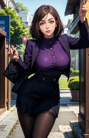 (masterpiece:1.2, best quality), (finely detailed beautiful eyes:1.2), solo focus, (detailed background), (beautiful detailed face, beautiful detailed eyes),  1girl, shoko , brown hair, brown eyes, purple jacket, jacket, school uniform, black pantyhose, black stockings, purple short skirt, beautiful sexy woman, adult, large breasts, skinny waist, (outdoors), looking at viewer,