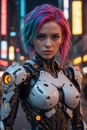 1girl, solo, cyberpunk Armor suit, undercut hair, multicolored neon hair, large hazel eyes, full lips, robotic body, mechanical arms, robot skin, android, parted lips, futuristic city, dark sci-fi, volumetric lighting, cinematic, vibrant, highly detailed, looking at camera 