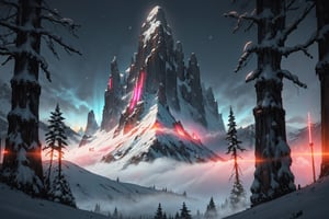 digital rendered, mountain, metal mountain, snow, dark trees, cyber fantasy, neons beam, neon lights, fog, 

masterpiece, best quality, ultra highres, depth of field. neons , detailed background. intricate, gradient lights, colorful, detailed landscape.