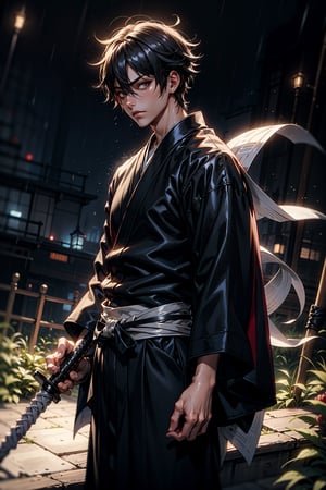 Masterpiece, best quality, 1boy, male focus, kurosaki ichigo, bleach, black hakama, tensa zangetsu (bankai), official_outfit, outdoors, rain, (masterpiece), (best quality), (ultra-detailed),