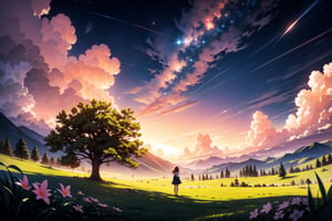 sky, tree, cloud, scenery, outdoors, grass, sunset, star \(sky\), flower, starry sky, cloudy sky, no humans, 1girl, solo, twilight, nature, wind, masterpiece, best quality, very aesthetic, absurdres