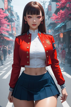 score_9, score_8_up, score_7_up, score_6_up, beautiful japanese girl, 18 year old, long brown hair, hair ornaments, blunt bangs, makeup. school uniform, tight shirt, mini skirt, navy pleated skirt, open jacket, red cropped jacket. large breasts, narrow waist, large hip, thick thighs, sexy pose. street, detailed background, highly detailed, vibrant colors, cowboy shot