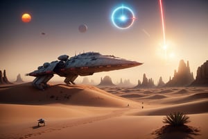 cinematic film, star wars, futuristic, anime planet, desert, two suns, battle spaceship, star wars livery, night, depth of field, highly detailed, high budget, bokeh, cinemascope, moody, epic, gorgeous, 4k, hdr, smooth, sharp focus, high resolution,