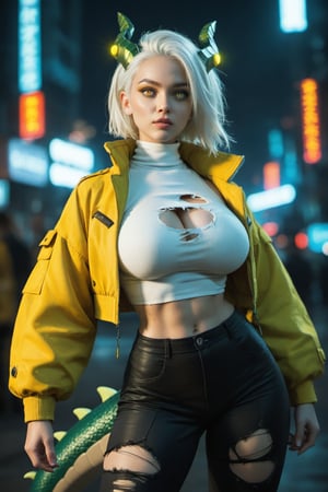 score_9, score_8_up, score_7_up, BREAk, tail, dragon female, green body, white hair, hair ornaments, yellow eyes, BREAK cropped jacket, techwear, yellow jacket, turtleneck, black pants, ripped_pants, large breasts, midriff, thin waist, huge hip, futuristic dystopian city, neon lights, low light, realistic,