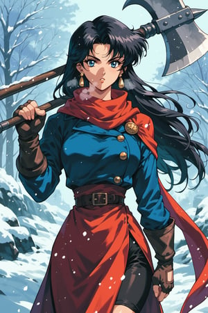 score_9, score_8_up, score_7_up, 1girl, weapon, solo, long hair, gloves, halberd, blue eyes, earrings, jewelry, looking at viewer, thin waist, large hip, cold breath, holding axe, fingerless gloves, holding weapon, snowing, black hair, scarf, outdoors, sheathed, retro