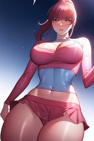 masterpiece, best quality, high_resolution, 
1girl, beautiful face, ponytail, cleavage, bangs, scarlet hair, crop top, pink top, long sleeves, mini skirt, thick thighs, cowboy shot, dynamic background,Add more detail