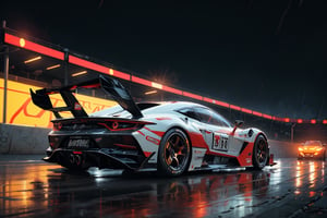 digital rendered, hypercar, modified car, speed motion, racing livery, rain drops

masterpiece, best quality, ultra highres, depth of field. Racetrack, desert, neons , detailed background. intricate, gradient lights, colorful, detailed landscape.