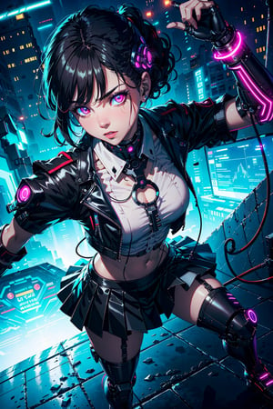 full body of cyborg lady, cybernetic jaw, mechanical parts, white shirt, unbottoned, black latex skirt, metal skin, glowing red eyes, cables, wires, black hair, simple backgroundmasterpiece, best quality, realistic, ultra highres, depth of field, (full dual colour neon lighting:1.2), (detailed face:1.4), (detailed eyes:1.2), (detailed background:1.2), (mountain:1) (masterpiece:1.2), (ultra detailed), (best quality), intricate, comprehensive cinematic, magical photography, (gradients), colorful, detailed landscape, visual key, shiny skin,