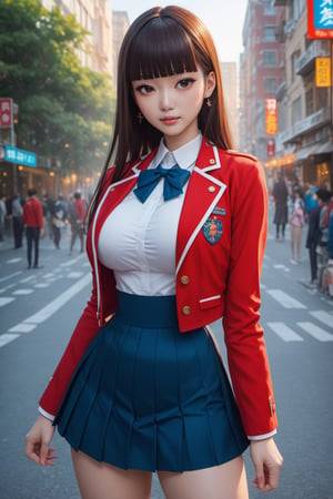 score_9, score_8_up, score_7_up, score_6_up, beautiful korean girl, 18 year old, long brown hair, blunt bangs, eyelashes, school uniform, mini skirt, open jacket, red jacket, large breasts, narrow waist, large hip, large_thighs , street, detailed background, highly detailed, vibrant colors, cowboy shot, centered