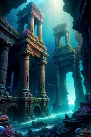 (digital illustration:1.2),  Oceanic Abyss ruins ,deep sea warriors,Legendary and Ephemeral,Iridescent,extremely detailed,stunning,Depth of field,