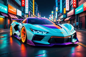 A futuristic hi-tech Super Car inspired by, Chevrolet, Retro-inspired Super Car, evangelion, destopiya city, ((neon wheels)), on the road background, symmetrical, 