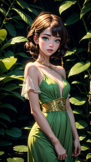 Cowboy shot, androgynous hunnuman, oval jaw, delicate features, beautiful face, dreadlocked hair, long bangs, brown hair, bright blue-green eyes, green dress, gold attire, gold, light ray, Ray tracing, sun ray, forest, rain forest, water fall, Korean