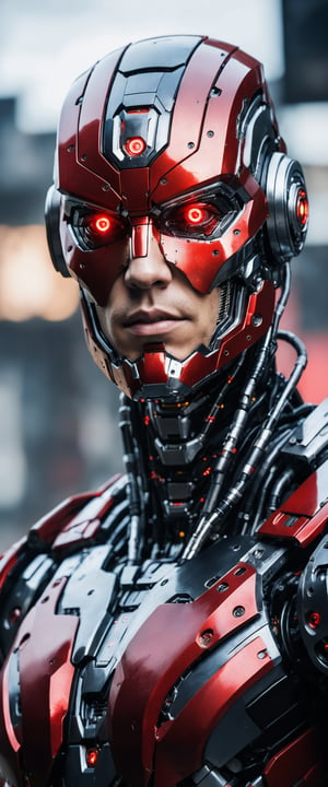 masterpiece, extremely detailed, upper body shot, cyborg, new model, evil, looking straight into camera, worn, damaged, blurry background, robot, mecha, science fiction, realistic, (((black and red color palette))),   

photo r3al, Wonder of Beauty, more detail XL