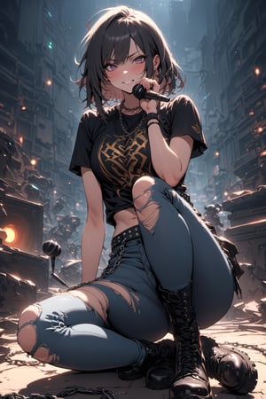 Masterpiece,best quality,
1girl, 18yo, Cute face, Akali, league_of_legends, chromatic dress, ripped jeans, black band t-shirt, combat boots, studded belt with chain, microphone