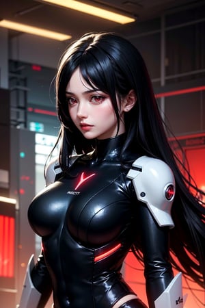 masterpiece,  red eyes,  light (red light:1.3),  1girl,  beautiful face,  skindentation,  detailed black hair,  pixie hair,  glowing light,  futuristic, mecha bodysuit,  upper body,  skinny waist,  large hip, cybercity background 