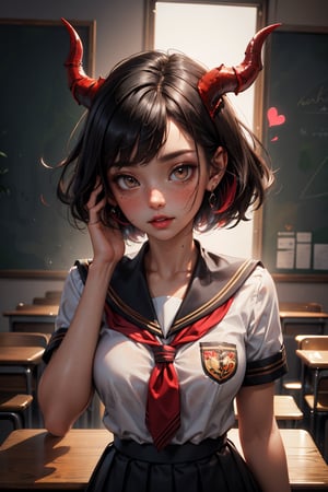 (masterpiece, best quality, ultra-detailed, 8K),high detail,picture perfect face,blush,freckled,(red skin)devil girl,succubus,horns,perfect female body,slim,(black hair, bobcut),colorfull,cute, charming, alluring,heart earrings,(school uniform, pleated skirt),skimpy