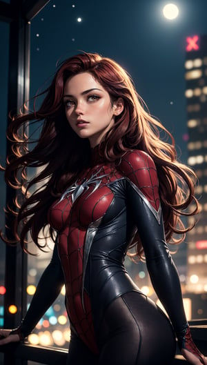 (best quality, masterpiece, colorful, dynamic angle, highest detailed) upper body photo, fashion photography of cute, intense long red hair, \Mary Jane\ in spiderman suit, (ultrahigh resolution textures), in dynamic pose, bokeh, glowing web, (intricate details, hyperdetailed:1.15), detailed, moonlight passing through hair, perfect night, colorful poster art flat background, (official art, extreme detailed, highest detailed), HDR