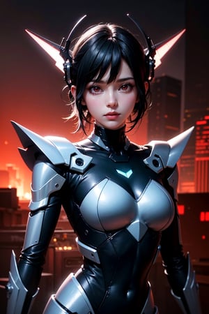 masterpiece,  red eyes,  light (red light:1.3),  1girl,  beautiful face,  skindentation,  detailed black hair,  pixie hair,  glowing light,  futuristic, mecha Armor,  upper body,  skinny waist,  large hip, cybercity background 