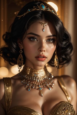 young Cleopatra, a paragon of regal beauty, commands attention with her striking presence. Her almond-shaped eyes, lined with kohl, sparkle with intelligence and a touch of mystery. Raven-black tresses cascade in intricate curls, adorned with jewels that catch the light. Sun-kissed skin, anointed with exotic oils, exudes a luminous glow, reflecting the allure of the Egyptian sun. Dressed in opulent fabrics, Cleopatra's regalia accentuates her graceful silhouette, while a confident demeanor and a captivating charm complete the portrait of a queen whose beauty transcends eras, with curvy hip and narrow waist 