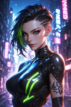 score_9, score_8_up, score_7_up,score_6_up, high resolution, BREAK 1girl, solo, game character, two-tone hair, short hair, neon hair, green eyes, black hair, hair slicked back, battle suit arm tattoo, glowing, half closed eyes, looking at viewer, neon lights, city, light particles, night, small jawline,