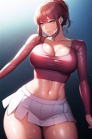 masterpiece, best quality, high_resolution, 
1girl, beautiful face, detailed eyes, ponytail, cleavage, bangs, scarlet hair, crop top, pink top, long sleeves, mini skirt, thick thighs, cowboy shot, dynamic background,Add more detail, hodopoKA