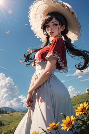 (panorama, wide shot), best quality, masterpiece, extremely detailed, detailed background, (from below:1.2), 1girl, solo, black hair,looking at viewer, red shirts, long hair, wavy hair, on side, fluffy hair, french , (white hat), capelet, lace trim, bodice, blue sky, sunshine,long dress, ,sunny,scenery, grassland, high place, horizon, flowers, birds, wind, wind blow, (depth of field), bokeh,(twintails),mecha