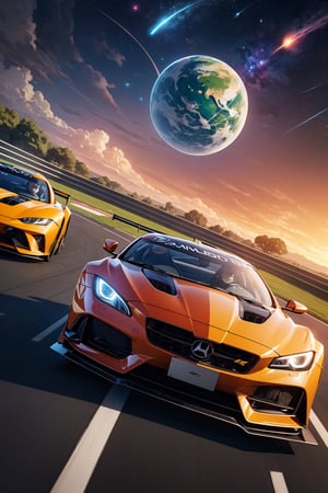 (masterpiece, best quality), high resolution, (8k resolution), (ultra detailed), The picture shows a cars racing, Two racing cars racing towards the camera, Super sports car, Plasma engine, Colorful planets and nebulae in the background,