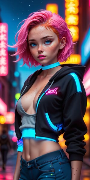 masterpiece, high_resolution, best quality, 
1girl, solo, cowboy_shot , perfect body, lava hair color, short hairstyle, light blue eyes, (fare skin, freckles, pink lip, hair highlights:1.2), midriff, | (neon hair:1.2), dark blue hoodie, futuristic city lights, buildings, urban scenery, neon lights | bokeh, depth of field, ((underboob))