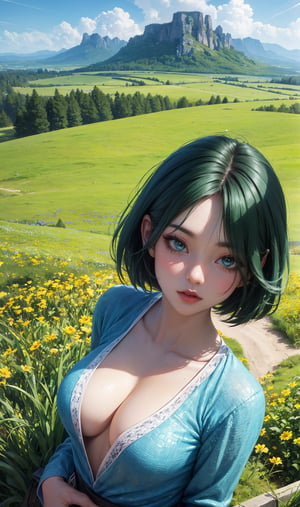 (masterpiece, best quality:1.4), (ultra-detailed, 8k, uhd), fantasy scenery, valley, beautiful, dreamlike, aesthetic art, digital art, professional artwork, immersive, mountainous horizon, other world, fantasy world, beautiful lighting, clouds in blue sky, sunbeam, natural light, vibrant colors, (grass fields, flower field), windy, reflections, ambient occlusion, godrays, wide long shot, from above, intricate details, captivating natural beauty, hyper-detailed, landscape, beautiful girl, sky blue dress, green eyes, short hair, green hair