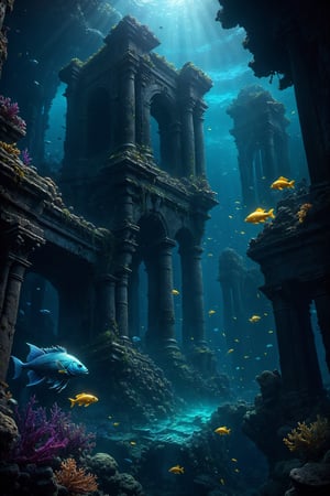 (digital art, illustration, unreal engine:1.2),  Oceanic Abyss ruins ,deep sea warriors, Legendary and Ephemeral, submerin, Iridescent,extremely detailed,stunning, dim light, glowing fish