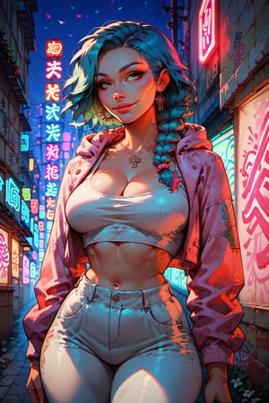 score_9, score_8_up, score_7_up, 1girl, beautiful stylish girl. blue hair, braided hair, highlights. White croptop, leggings, cropped hoodie, colourful clothes. cleavage, narrow waist, large hip. cowboy_shot. graffiti, street background.

N1cp1k, neon lights,